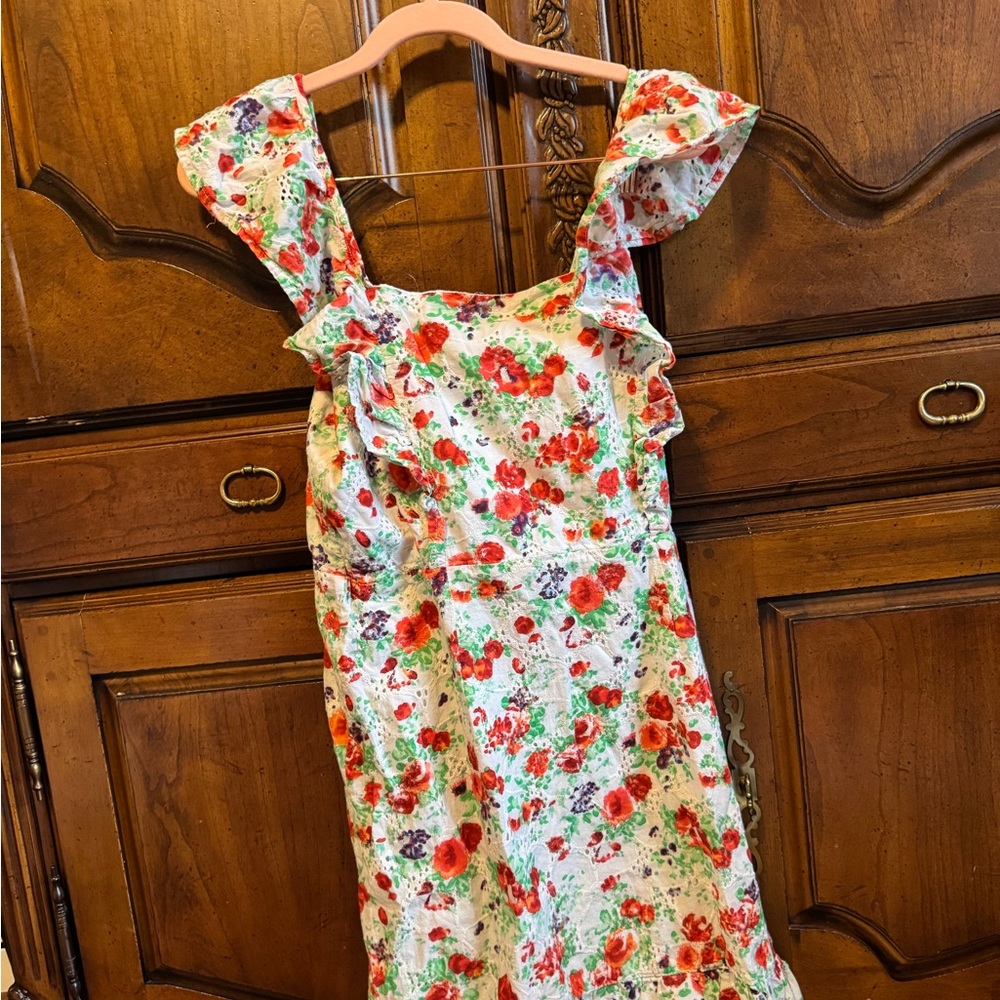 White Floral Mini Dress with Ruffle Cap Sleeves